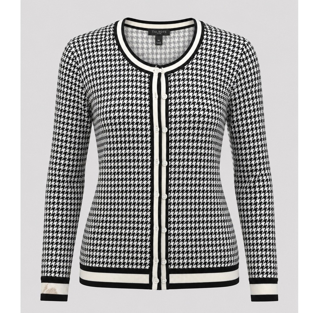 Talbots Petite Houndstooth‎ Cardigan Sweater Black White Button Front MP